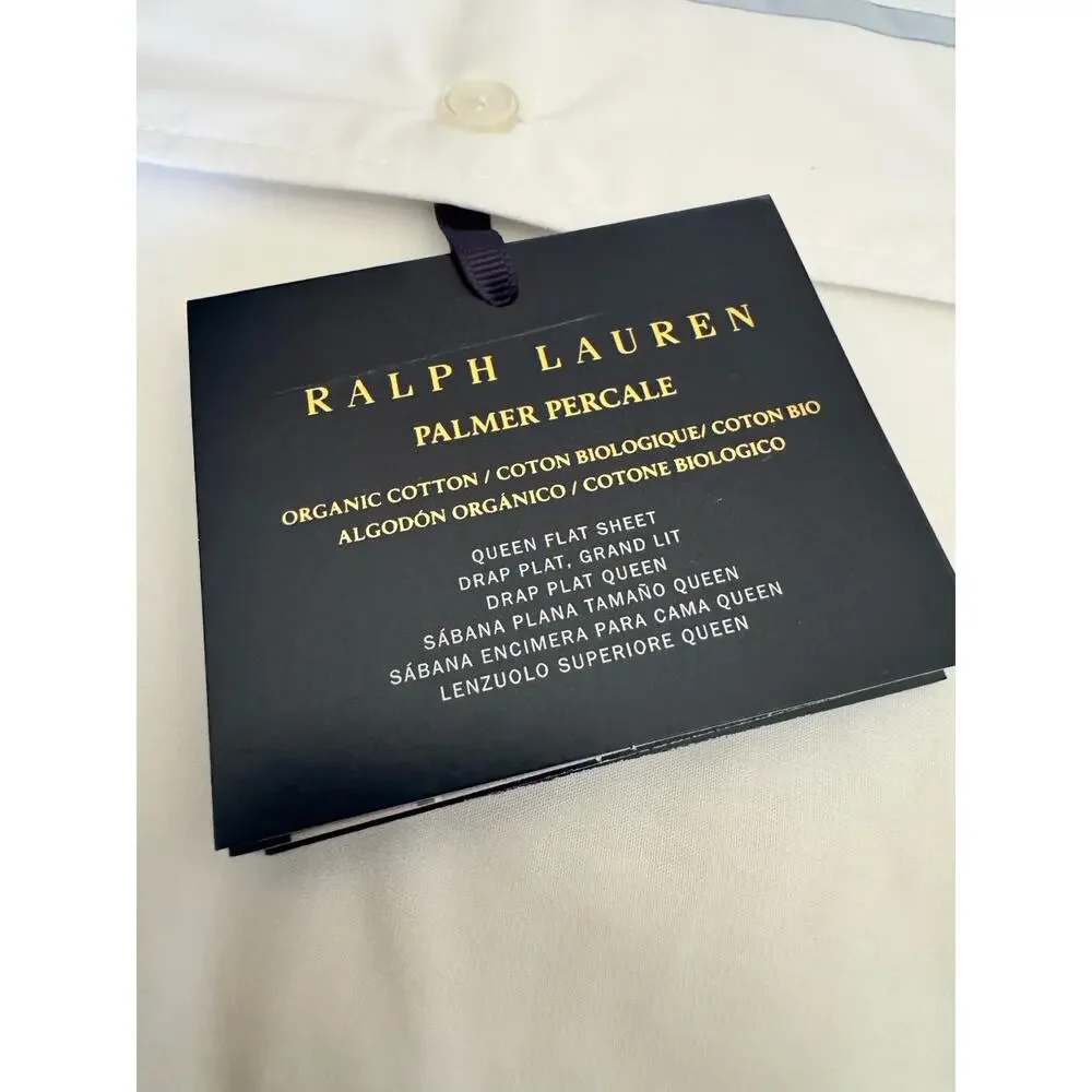 NWT Ralph Lauren Organic Cotton Percale Palmer Queen Flat Sheet White/Sky Blue